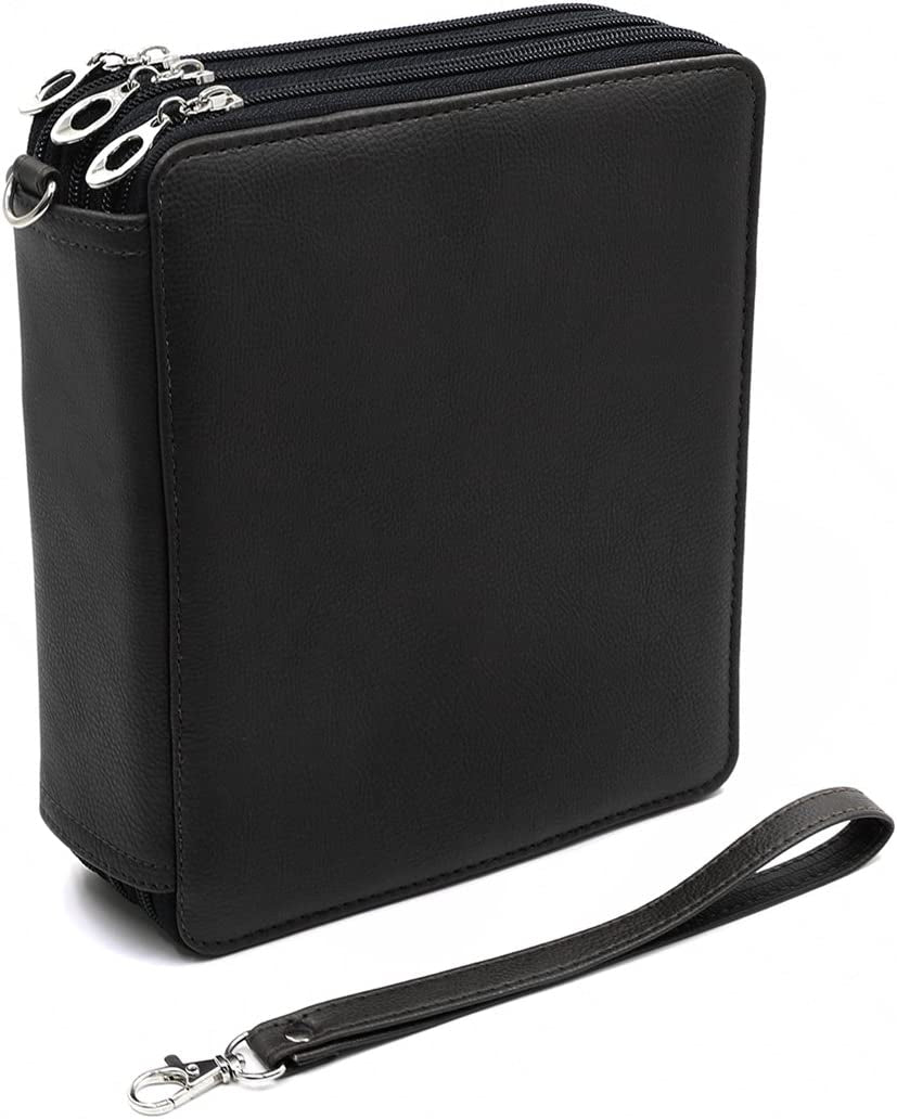 120 Slots Pencil Case - PU Leather Handy Multi-Layer Large Zipper Pen Bag with Handle Strap for Prismacolor Watercolor Pencils, Crayola Colored Pencils, Marco Pens and Makeup Brush (Black)