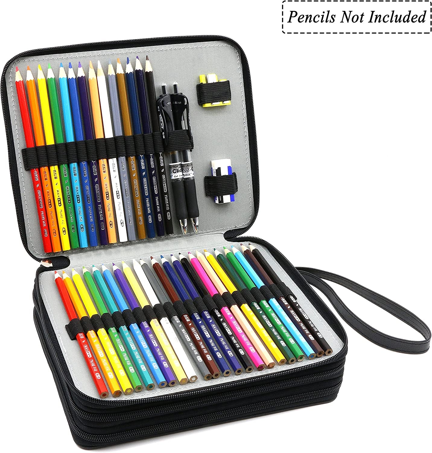 120 Slots Pencil Case - PU Leather Handy Multi-Layer Large Zipper Pen Bag with Handle Strap for Prismacolor Watercolor Pencils, Crayola Colored Pencils, Marco Pens and Makeup Brush (Black)
