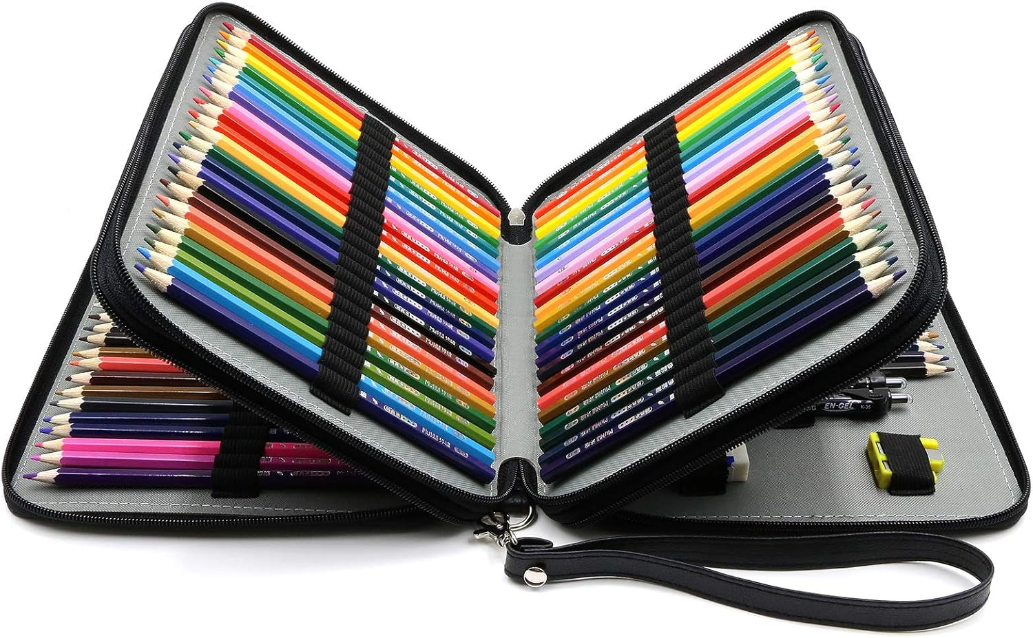 120 Slots Pencil Case - PU Leather Handy Multi-Layer Large Zipper Pen Bag with Handle Strap for Prismacolor Watercolor Pencils, Crayola Colored Pencils, Marco Pens and Makeup Brush (Black)