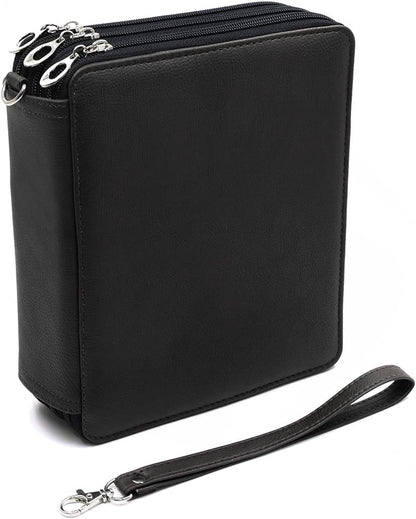 120 Slots Pencil Case - PU Leather Handy Multi-Layer Large Zipper Pen Bag with Handle Strap for Prismacolor Watercolor Pencils, Crayola Colored Pencils, Marco Pens and Makeup Brush (Black)