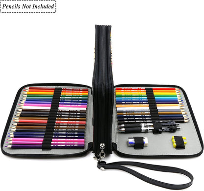 120 Slots Pencil Case - PU Leather Handy Multi-Layer Large Zipper Pen Bag with Handle Strap for Prismacolor Watercolor Pencils, Crayola Colored Pencils, Marco Pens and Makeup Brush (Black)